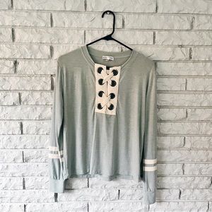 Fitz + Eddi Sage Green Lace up Jersey Knit blouse NWT